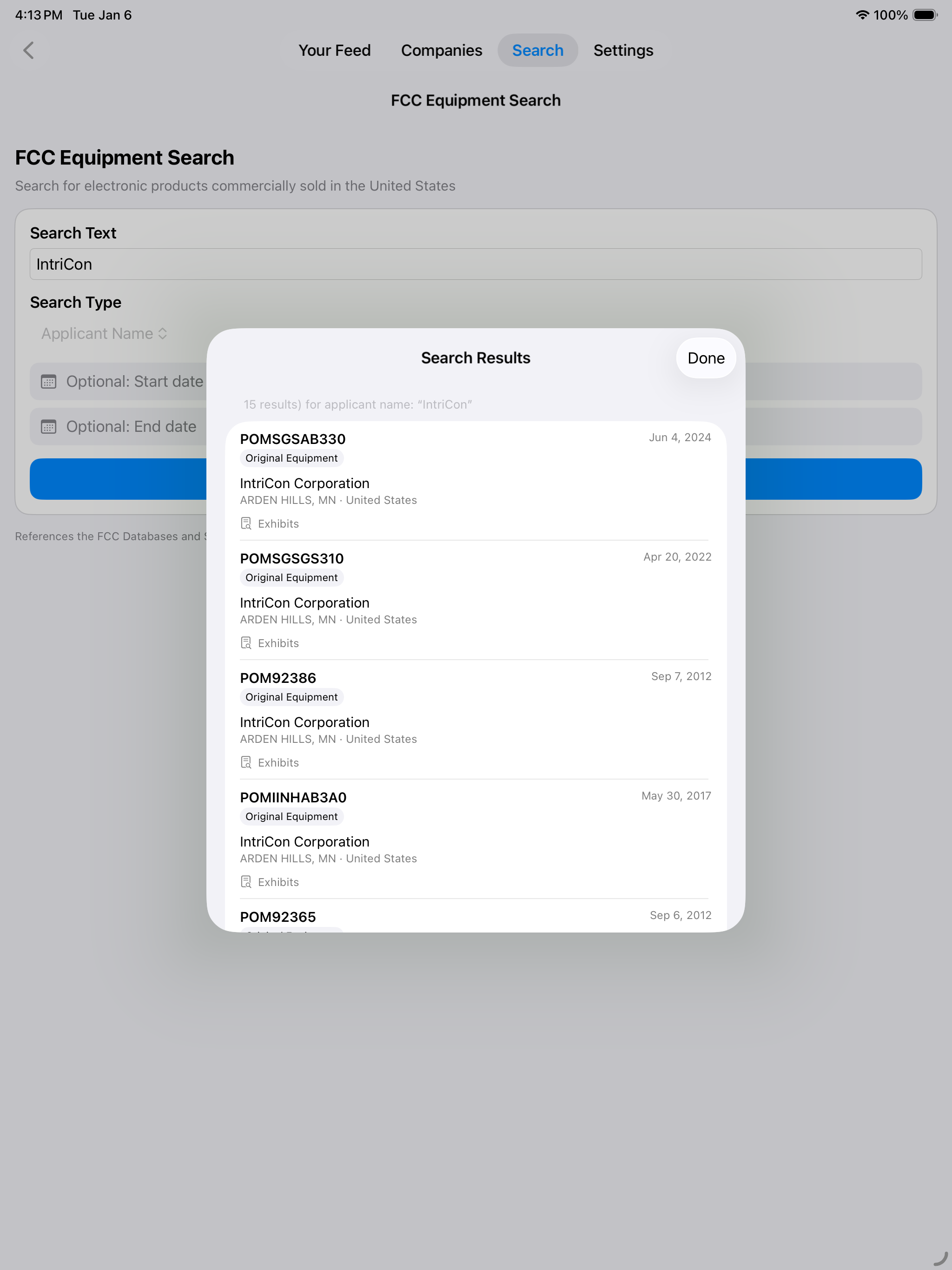 FCC Equipment Search results on iPad showing search results for IntriCon Corporation with multiple device registrations including POMSGSAB330, POMSGSGS310, and POM92386