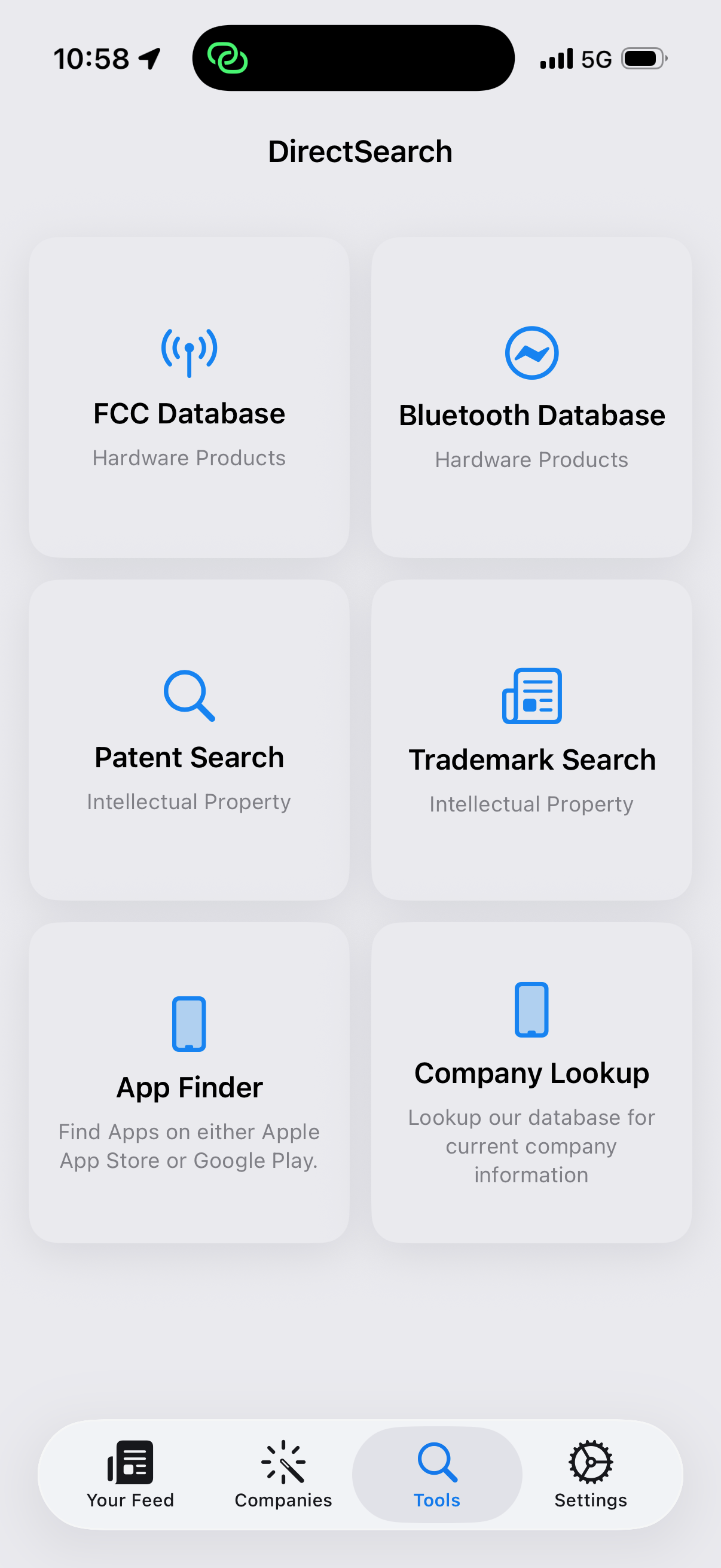 DirectSearch mobile app showing unified search interface with FCC Database, Bluetooth Database, Patent Search, Trademark Search, App Finder, and Company Lookup tools